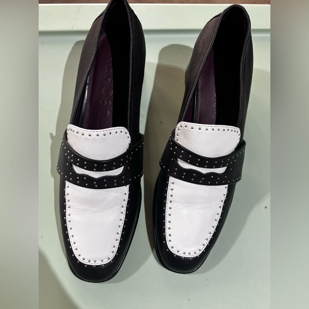 Black & White Studded Leather Loafers